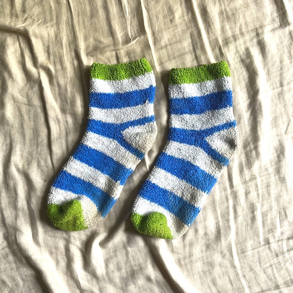 Green/blue/white fuzzy socks